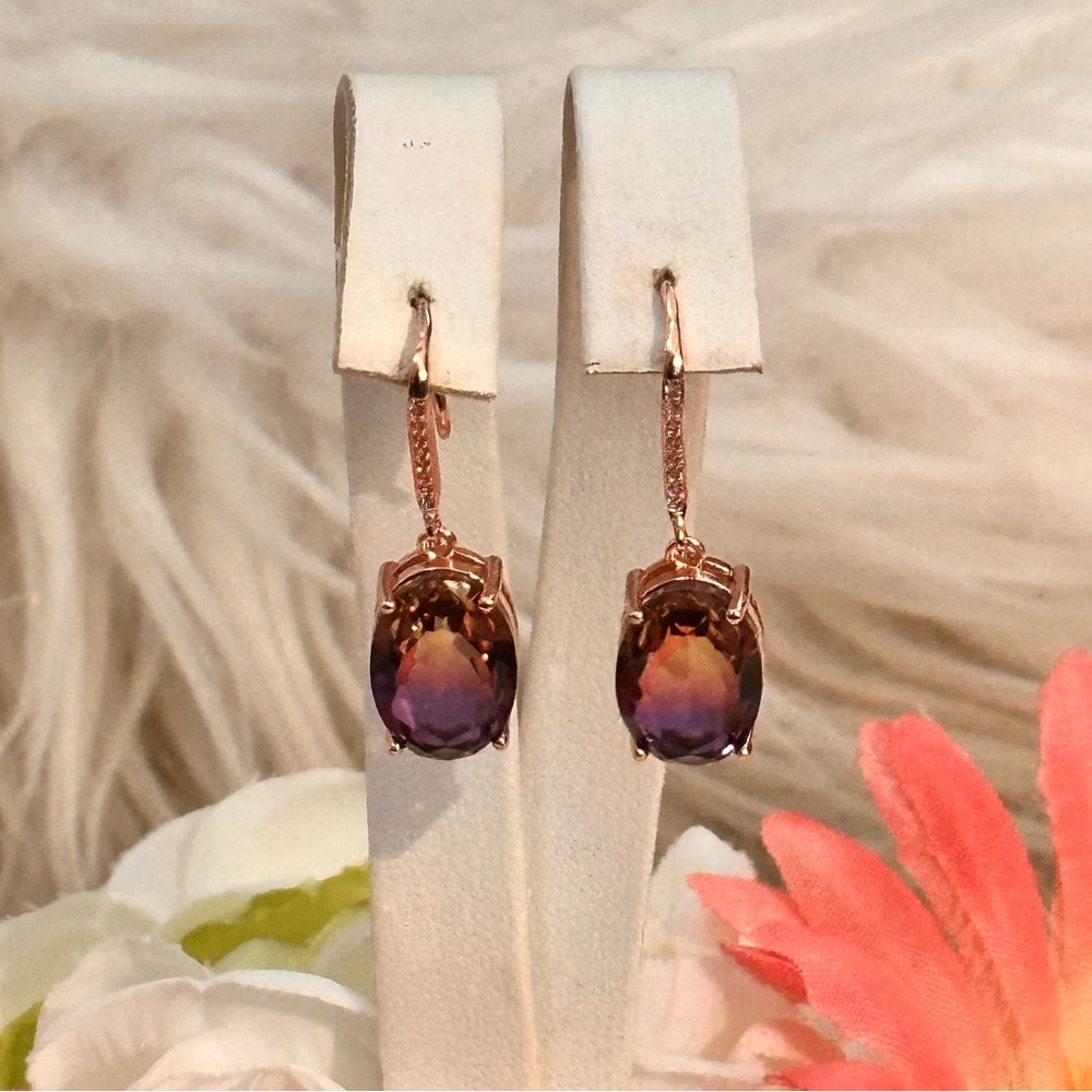 Pink and Purple Ombre Gemstone Hook On Earrings Rise Gold NEW!